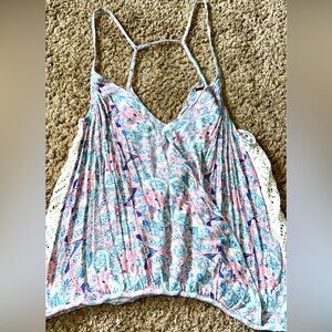 Free People Floral Spaghetti Strap Top - Pink and Blue lace detail xsmall